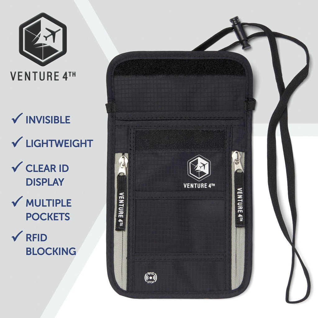 VENTURE 4TH Neck Wallet, RFID Blocking Passport Holder for Travel – Hidden Neck Pouch with 6 Compartments, Slim Lightweight Organizer with Adjustable Strap for Cash, Cards & Passport (Black)