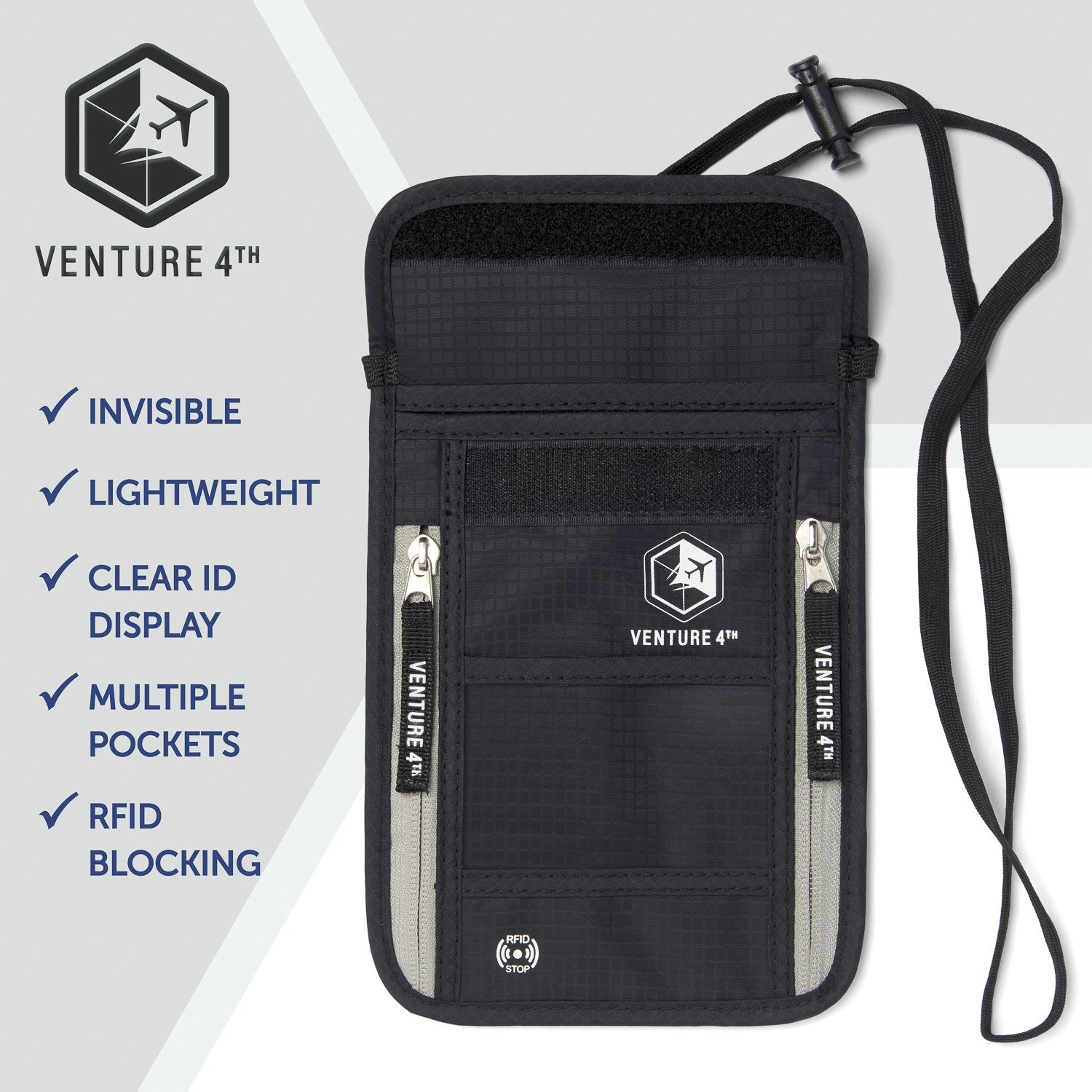 VENTURE 4TH Neck Wallet, RFID Blocking Passport Holder for Travel – Hidden Neck Pouch with 6 Compartments, Slim Lightweight Organizer with Adjustable Strap for Cash, Cards & Passport (Black)
