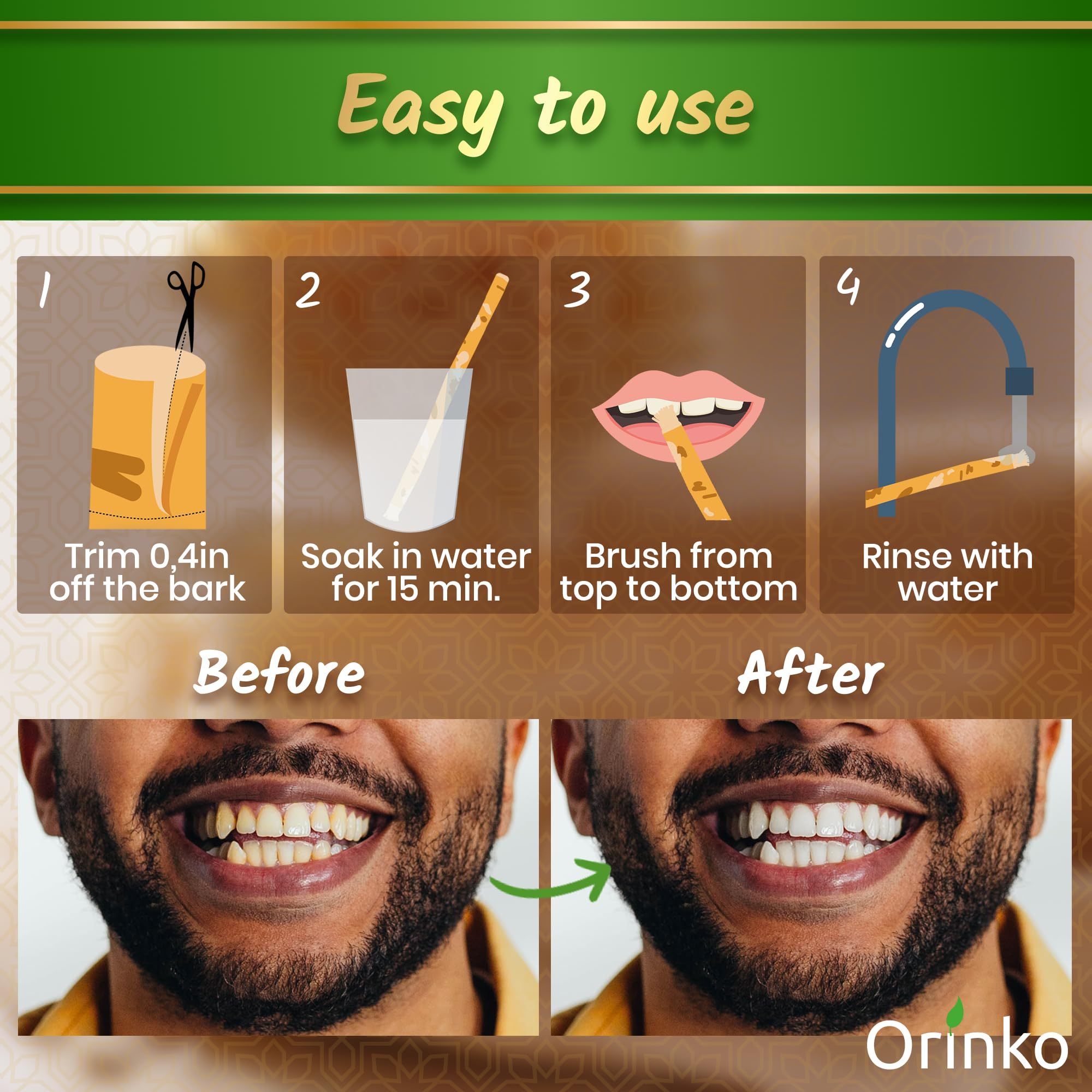 Eco-Friendly Miswak Natural Toothbrush by orinko - Cleansing & Whitening Teeth Sticks - Biodegradable and Vegan