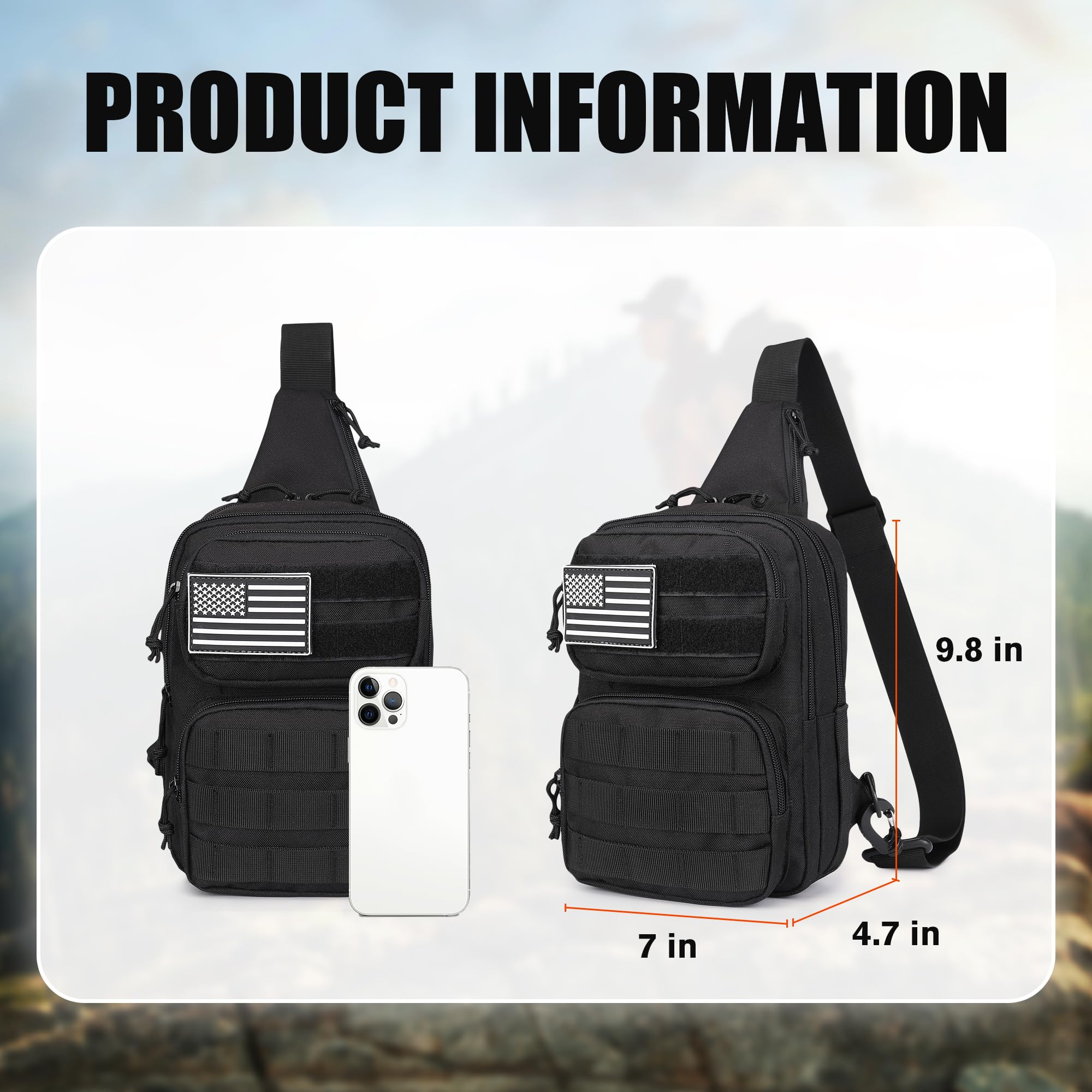 Black sling bag with American flag patch and smartphone for scale, on a blurred nature background.