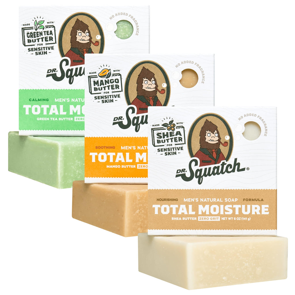 Dr. Squatch NEW Total Moisture Bar Soap for Men - No Added Fragrance Formulated for Sensitive Skin - Shea Butter, Mango Butter & Green Tea Butter (5 oz, 3-pack)
