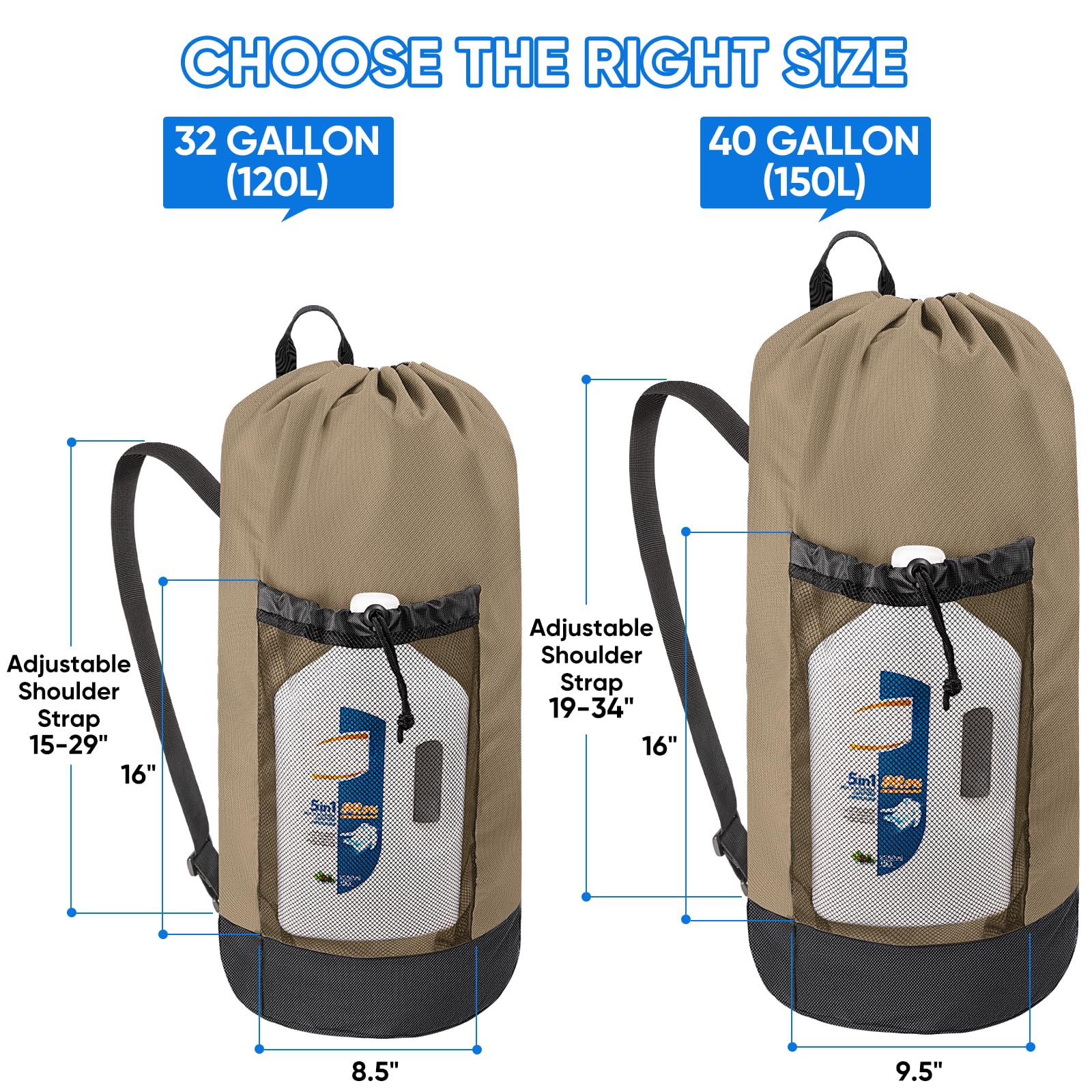 BALEINE 120L Laundry Bag Backpack, 900D Oxford Fabric Large Travel Laundry Bags with Shoulder Straps and 2 Mesh Pockets for College Dorm, Apartment, Laundromat (Khaki, 120L)