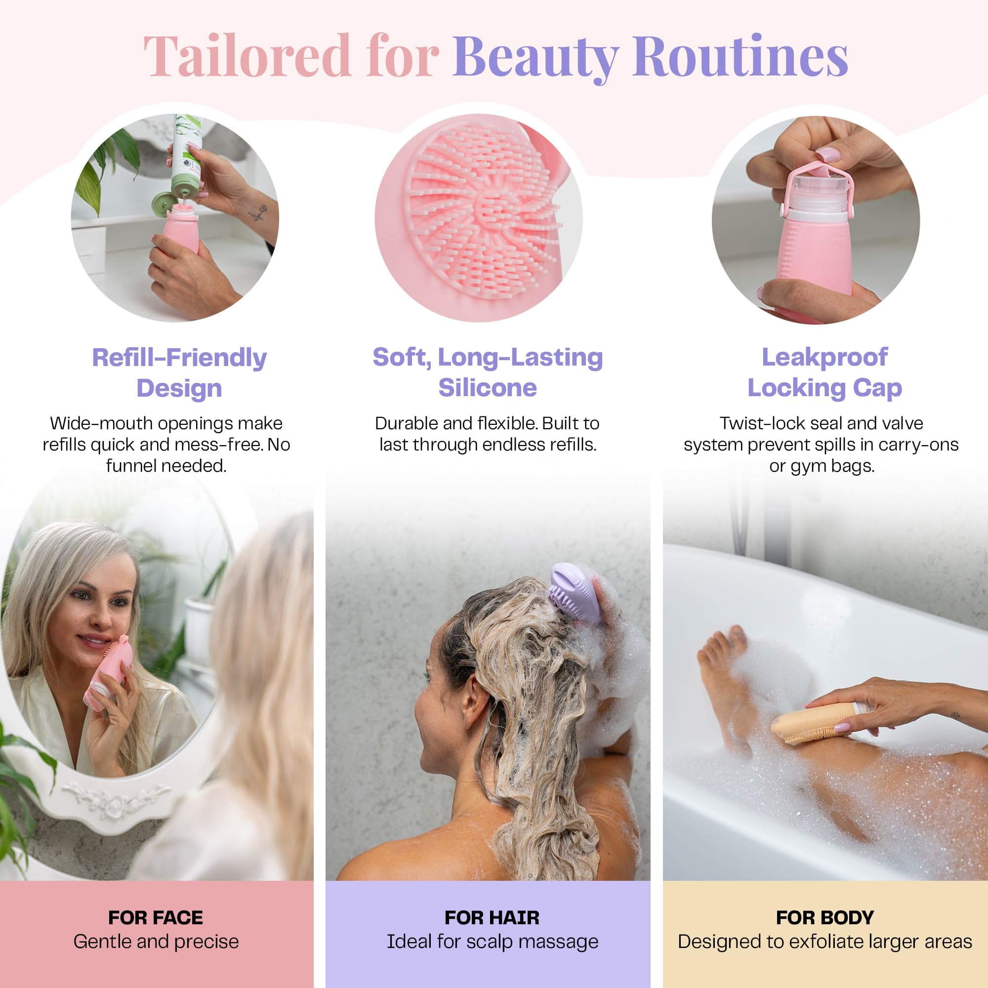 Sumina Premium Silicone Travel Bottles 3-Pack (3.4oz) | TSA Approved Leakproof Toiletry Containers | Refillable Shower Bottles & Gentle Exfoliating Scrubber for Sensitive Skin