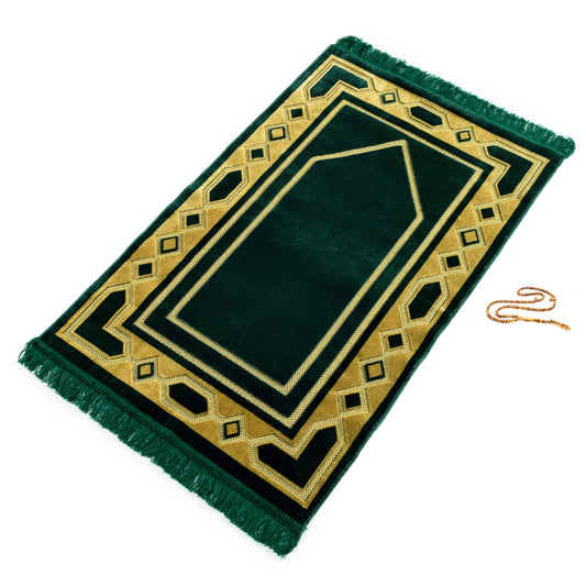 Eco-Friendly Velvet Islamic Prayer Mat - Turkish Design for Mindful Prayers - Includes Prayer Beads - Green