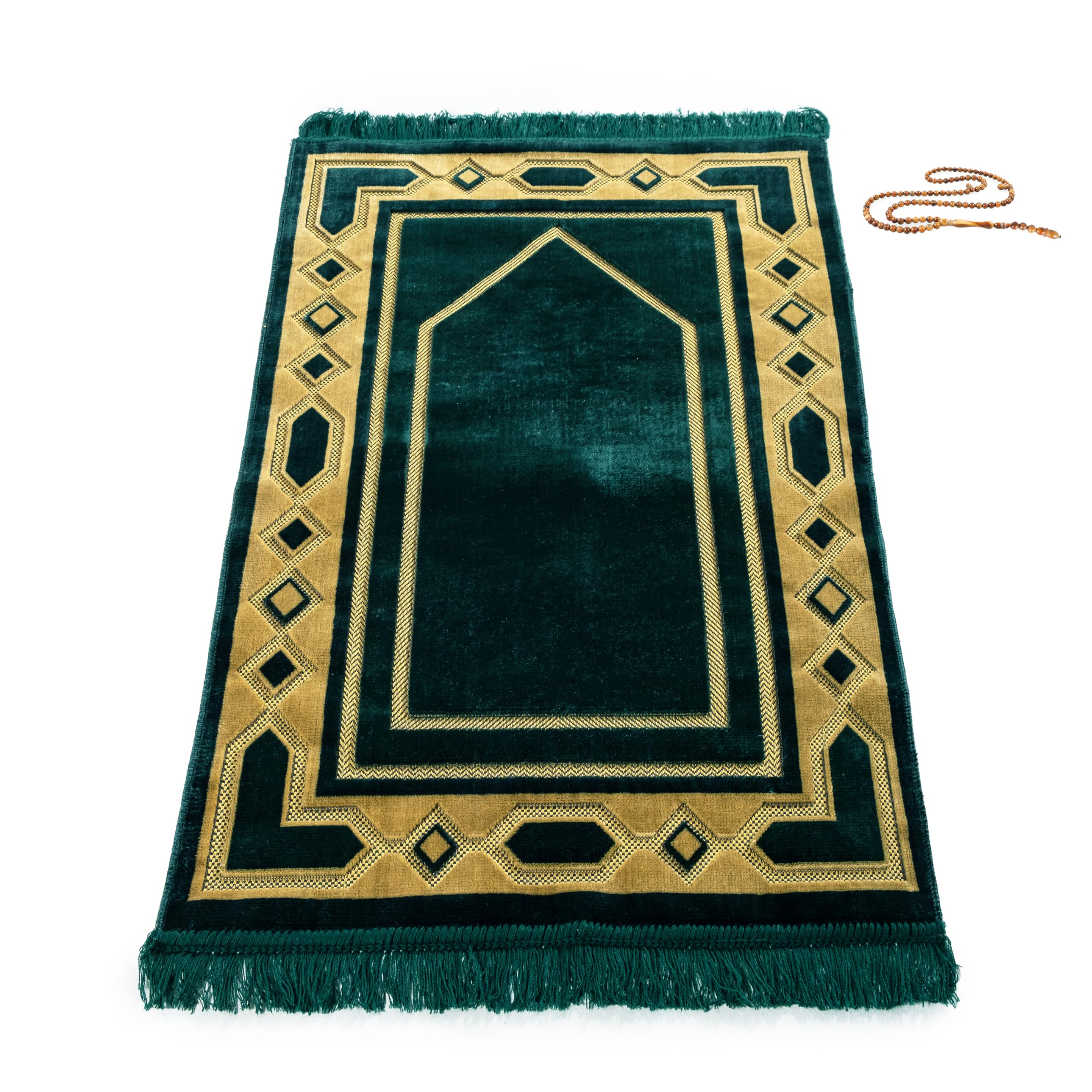 Eco-Friendly Velvet Islamic Prayer Mat - Turkish Design for Mindful Prayers - Includes Prayer Beads - Green