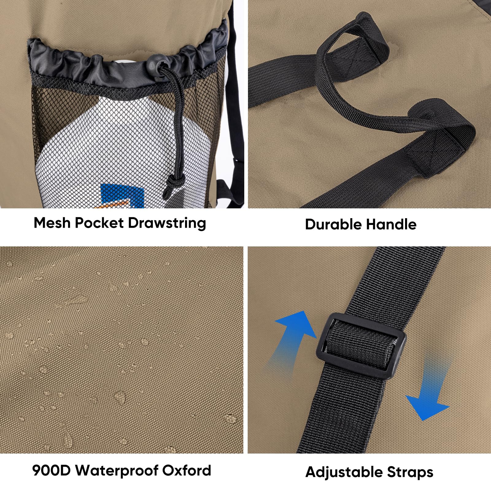 BALEINE 120L Laundry Bag Backpack, 900D Oxford Fabric Large Travel Laundry Bags with Shoulder Straps and 2 Mesh Pockets for College Dorm, Apartment, Laundromat (Khaki, 120L)