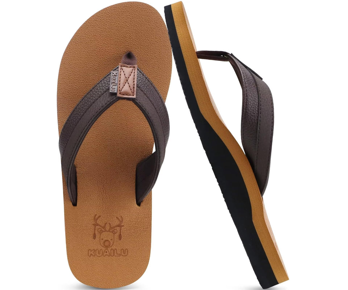 Brown and black sandal with visible brand logo on a white background