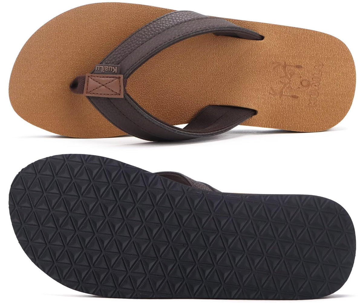 Brown flip-flop sandal with a black insole on a white background
