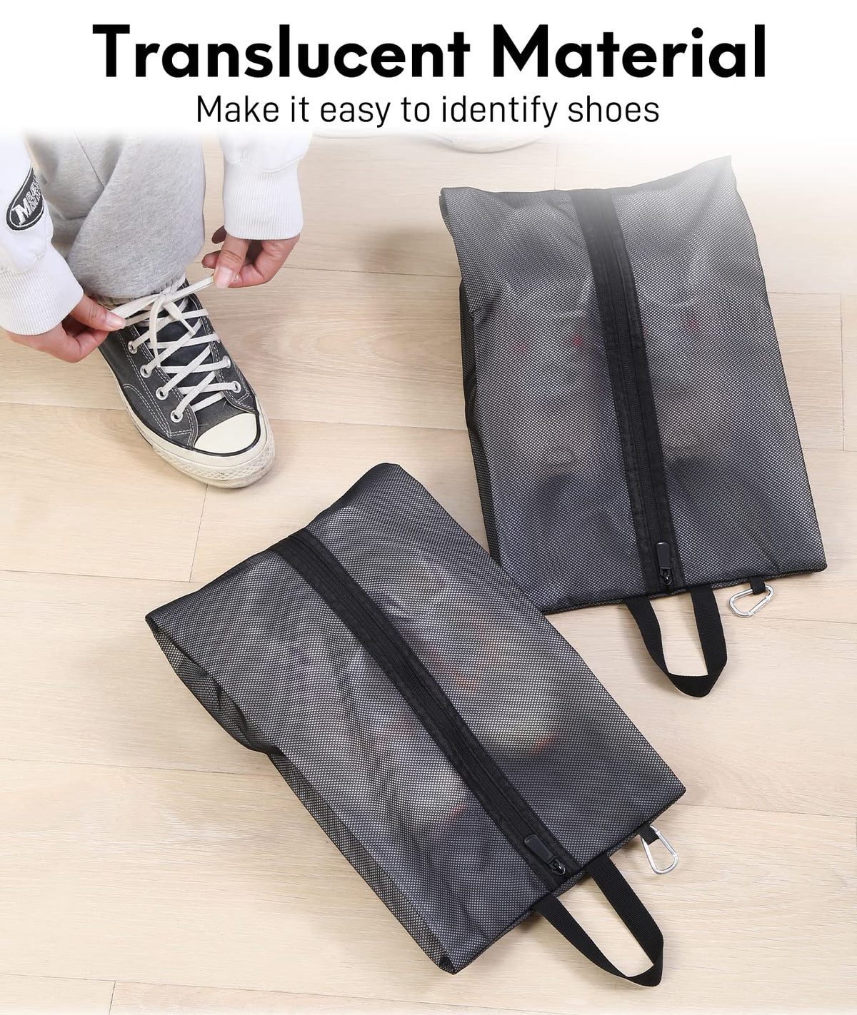 Pilgrim packing travel shoe bags into luggage for Umrah trip — lightweight and easy to carry