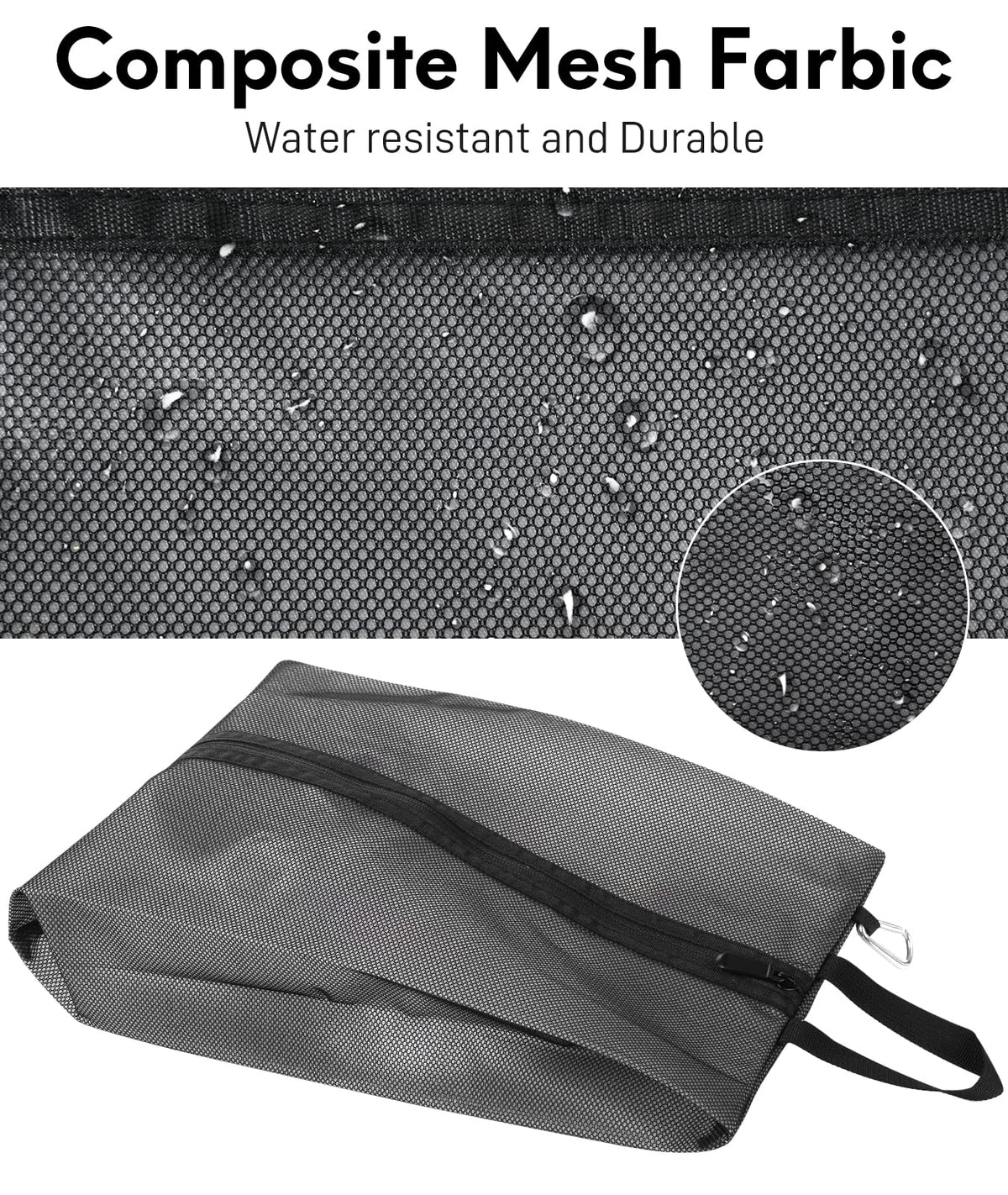 Close-up of travel shoe bag material and stitching — waterproof fabric with reinforced seams