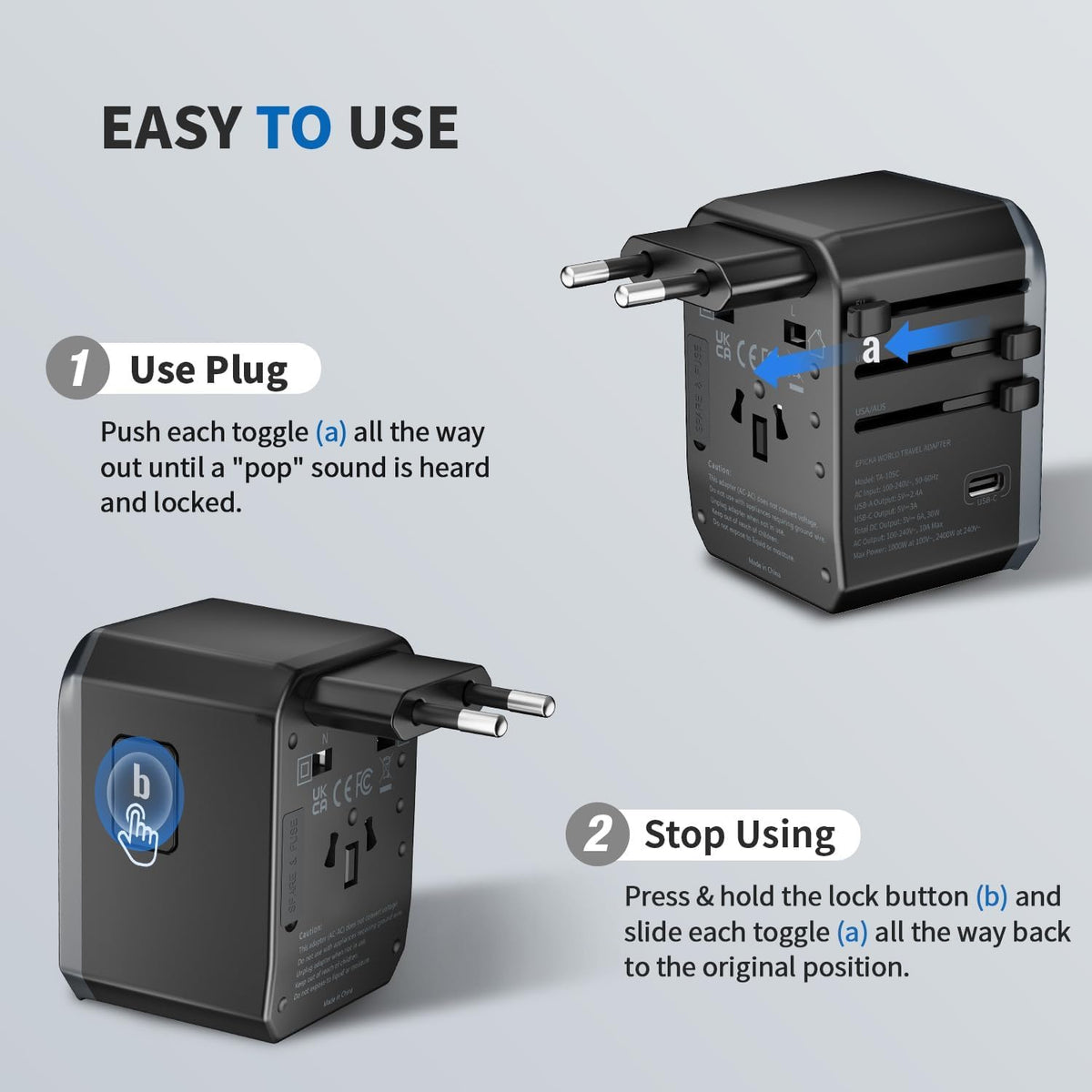 EPICKA Universal Travel Adapter with USB C, product image 3