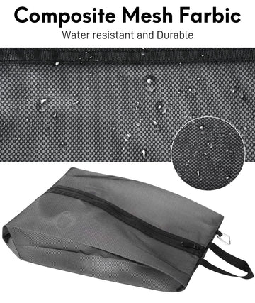 Close-up of travel shoe bag material and stitching — waterproof fabric with reinforced seams
