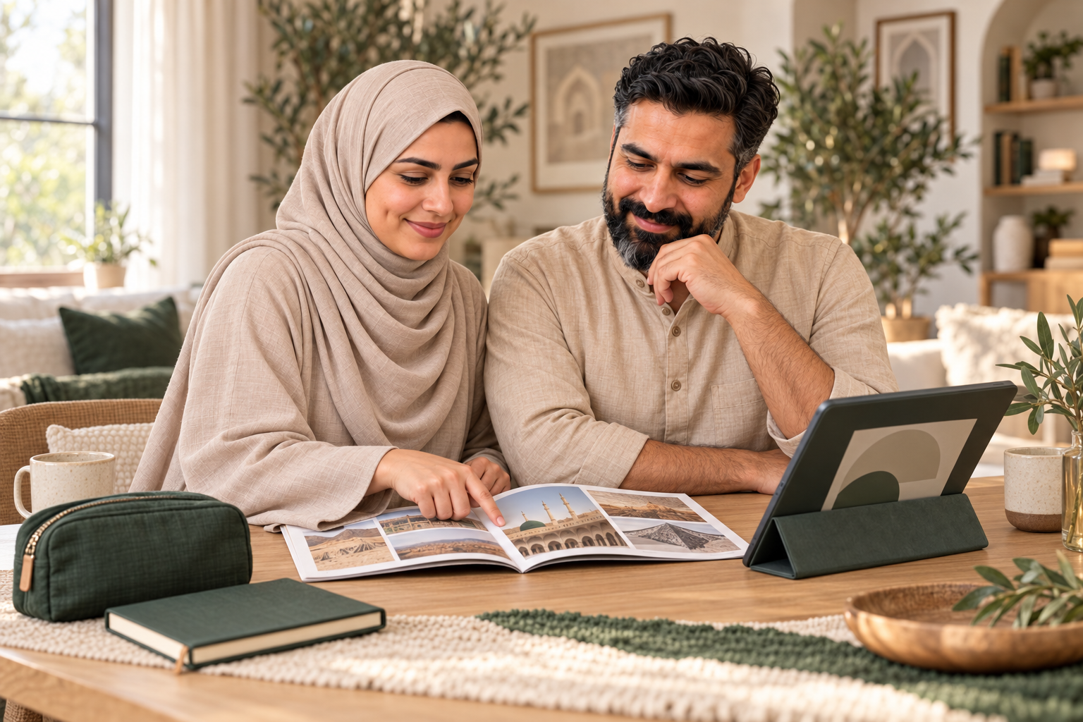 Illustration of a couple reviewing an Umrah travel guide together at home