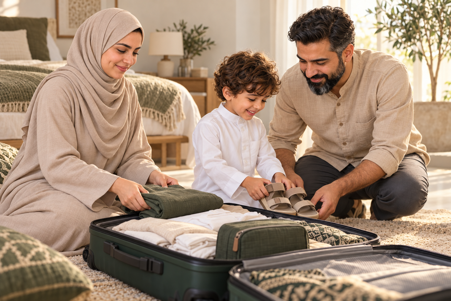 Illustration of a family packing clothing and sandals for their Umrah journey