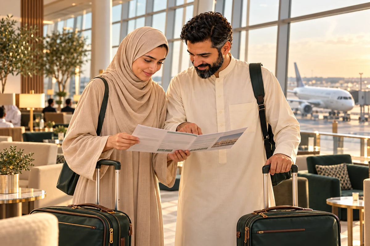 Illustration of a couple reviewing an Umrah itinerary with luggage in an airport lounge.