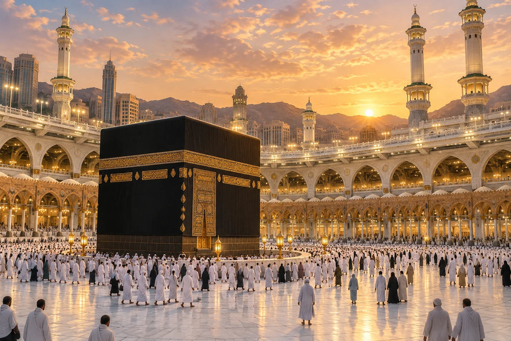 Destination illustration of the Kaaba and Masjid al Haram courtyard at sunset.