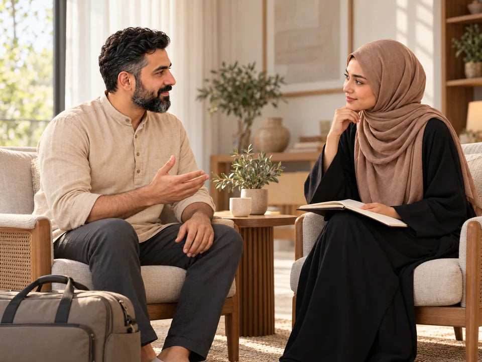Illustrative scene of a couple discussing their travel questions with a notebook at home