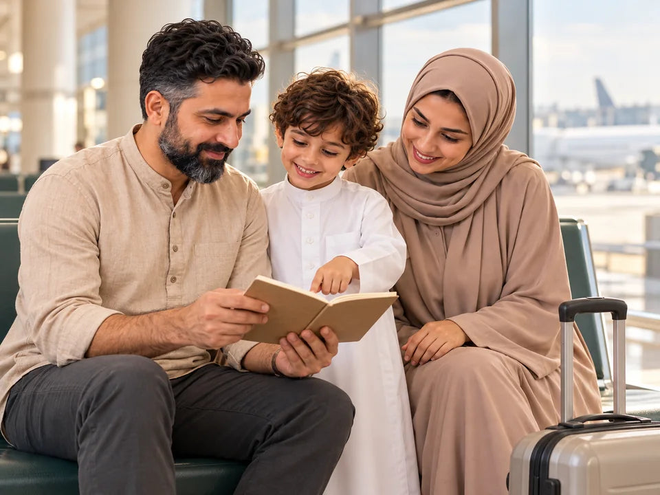 Illustration of a family reviewing a notebook together at an airport, with luggage beside them
