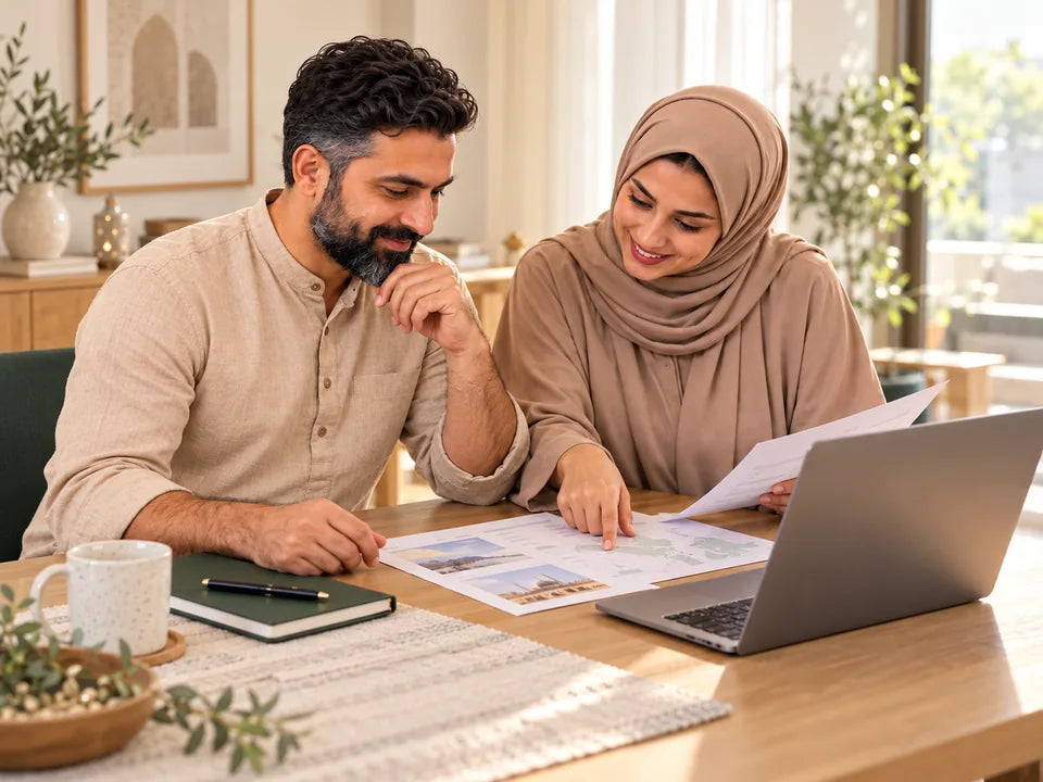 Illustration of a couple comparing travel planning sheets beside a laptop at home