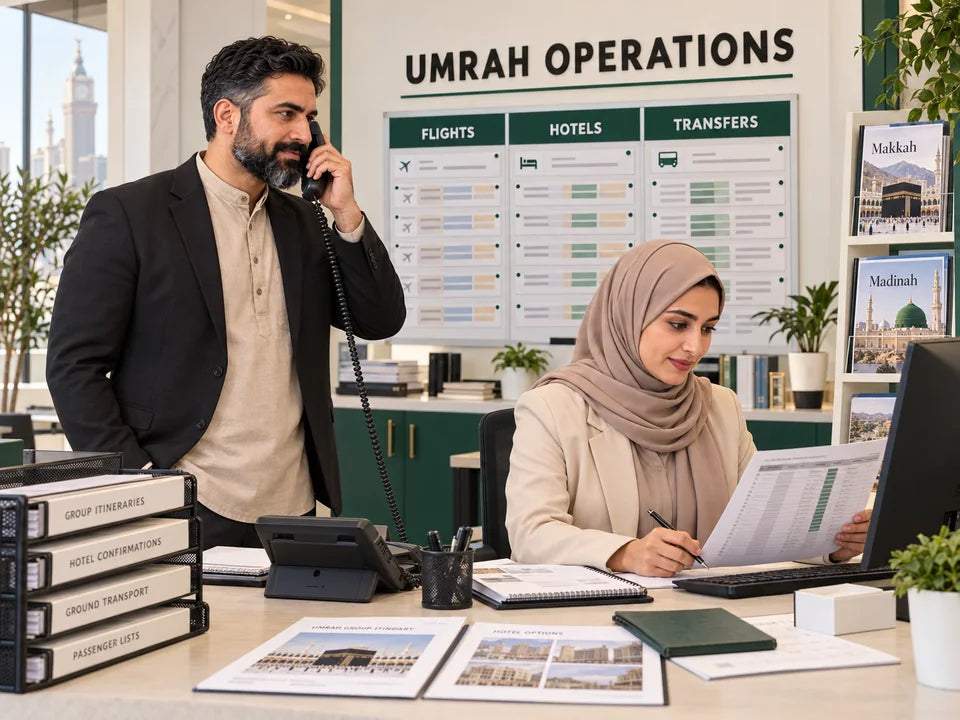Illustrative Umrah agency office: a male agent coordinates by phone while a female agent reviews a rooming sheet, with flights, hotels and transfers on the operations board.