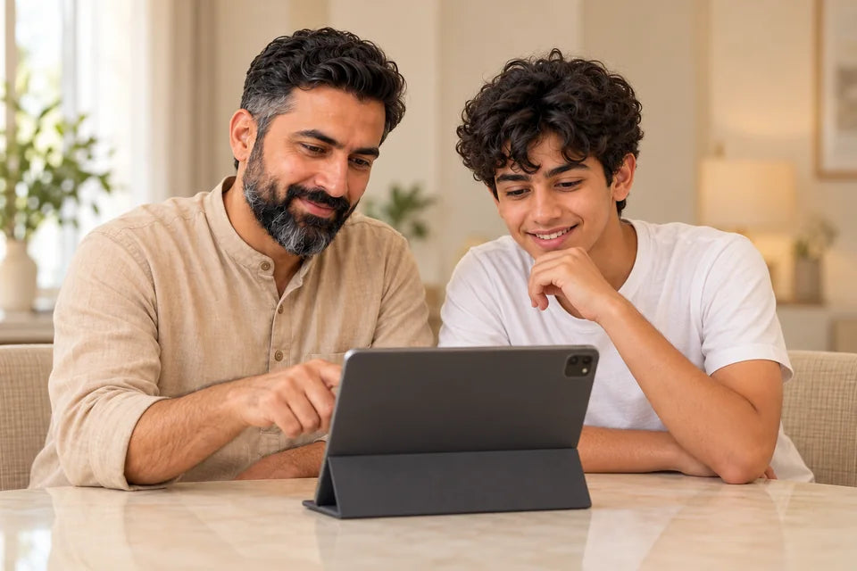 Illustrative scene of the recurring KaabaSharif father and teenage son solving a puzzle together on a tablet at home